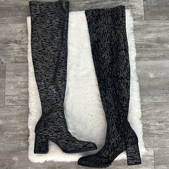 Sparkly Velvet Pointed Toe Thigh High Over the Knee Lugged Boot - Picture 7 of 12